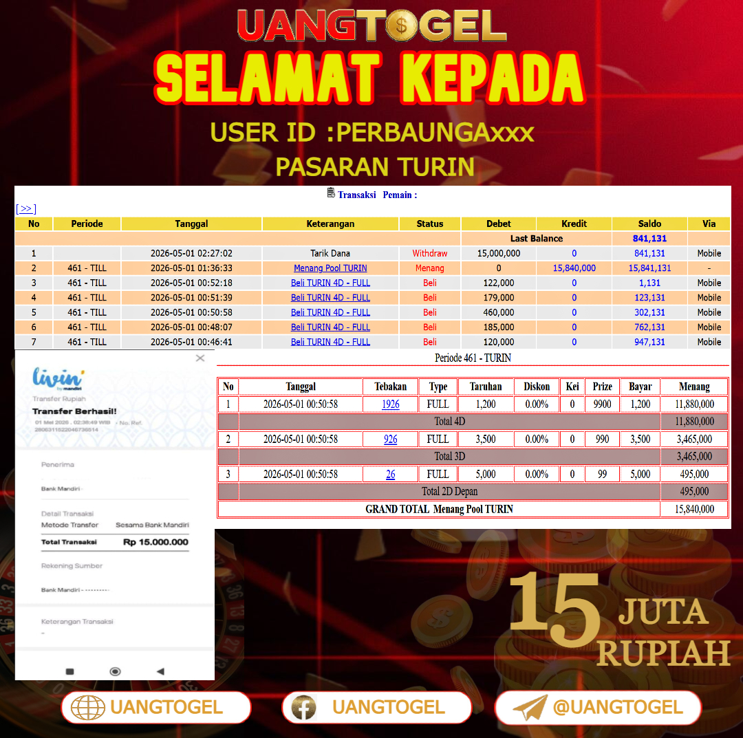 UANGTOGEL JACKPOT TOGEL PASARAN TURIN Rp.15.000.000 - LUNAS USER ID  : PERBAUNGA***
