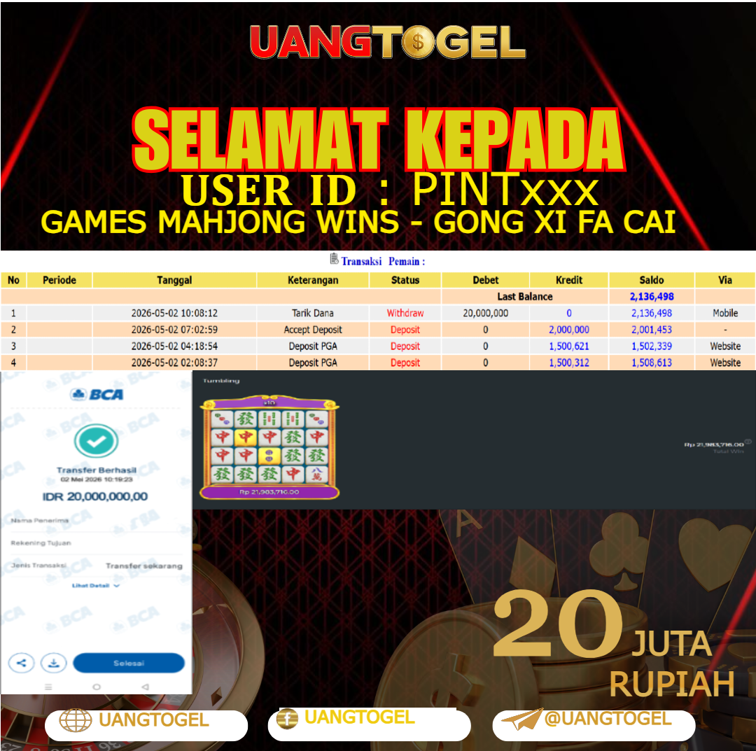 UANGTOGEL JACKPOT SLOT GAMES MAHJONG WINS - GONG XI FA CAI REELS Rp.20.000.000 - LUNAS USER ID  : PINT***